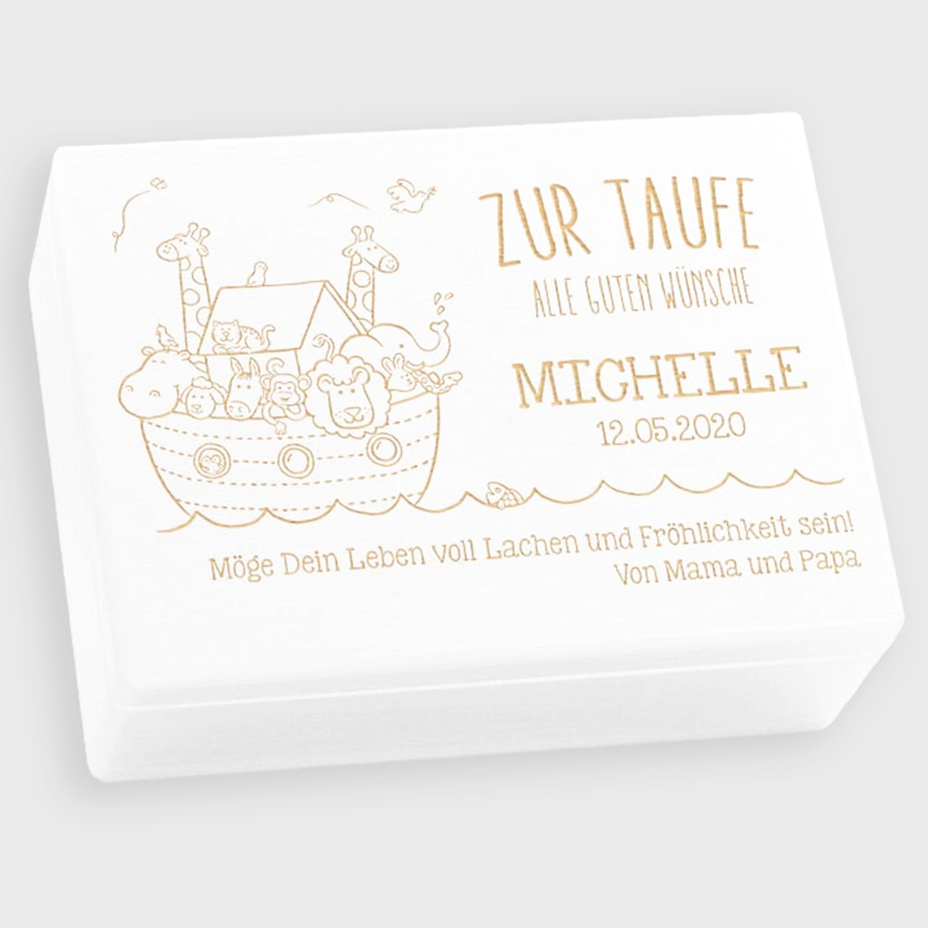 Personalisierte Erinnerungsbox als Taufgeschenk - Arche Noah Gravur - Weiß, FSC® | Erinnerungskiste als Geschenk zur Taufe für Junge & Mädchen.