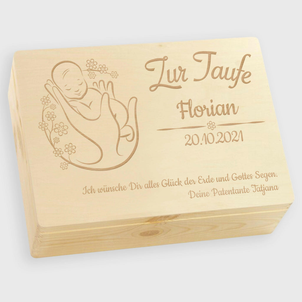 Personalisierte Erinnerungsbox als Taufgeschenk - Blumenbaby - Holzkiste, Natur, FSC® | Erinnerungskiste als Geschenk zur Taufe - Kiste aus Holz.