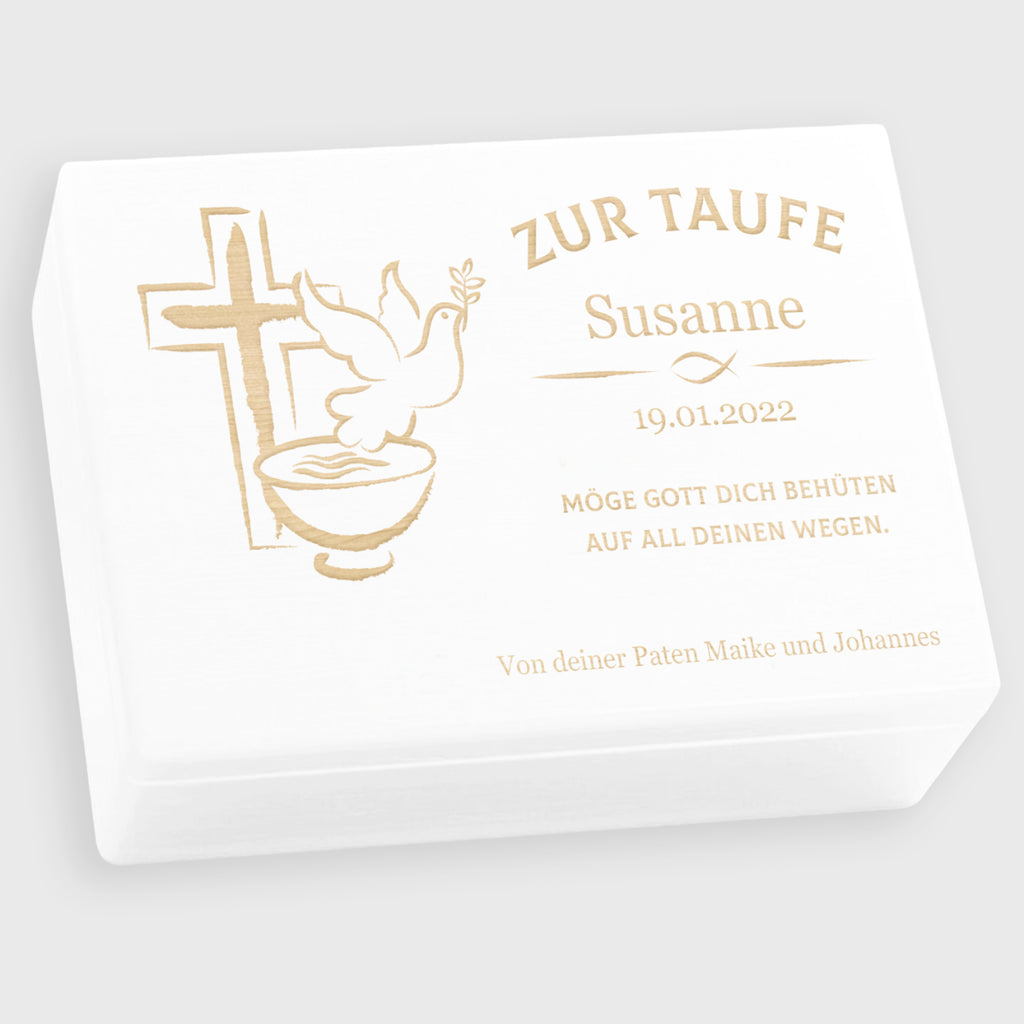 Personalisierte Erinnerungsbox als Taufgeschenk - Friedenstaube - Weiß, FSC® | Erinnerungskiste Geschenk zur Taufe für Baby von Großeltern & Paten.