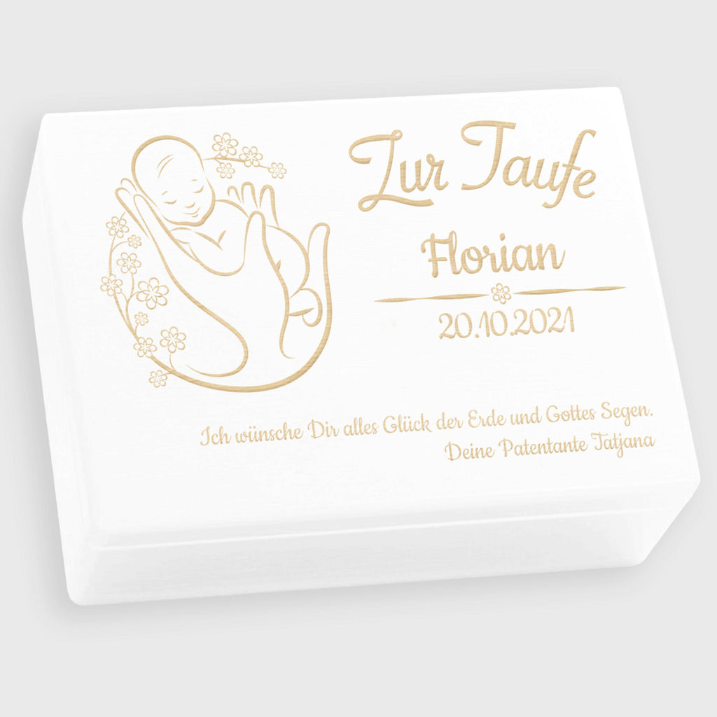 Personalisierte Erinnerungsbox als Taufgeschenk - Blumenbaby - Holzkiste, weiß, FSC® | Erinnerungskiste als Geschenk zur Taufe - Kiste aus Holz.