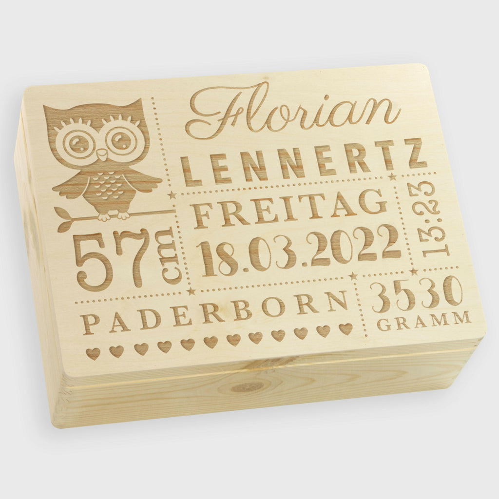 Geburtskiste - Personalisiert - Eulen-Baby Motiv - Natur.