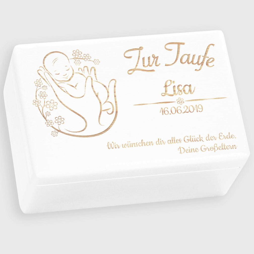 Personalisierte Erinnerungsbox als Taufgeschenk - Blumenbaby - Holzkiste, weiß, FSC® | Erinnerungskiste als Geschenk zur Taufe - Kiste aus Holz.
