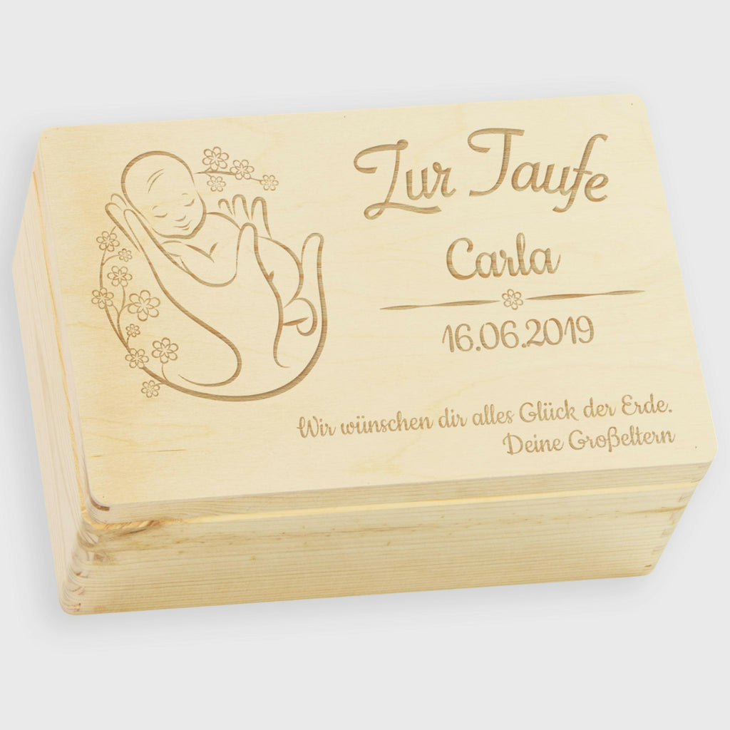 Personalisierte Erinnerungsbox als Taufgeschenk - Blumenbaby - Holzkiste, Natur, FSC® | Erinnerungskiste als Geschenk zur Taufe - Kiste aus Holz.