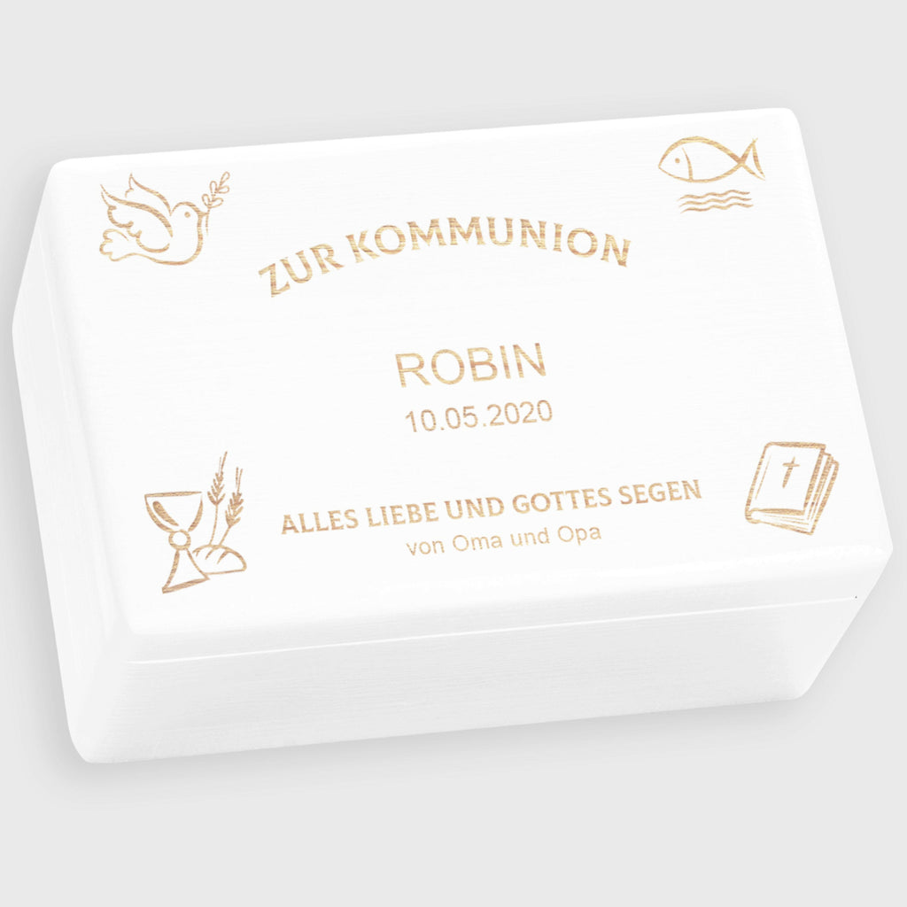 Erinnerungskiste zur Kommunion - Personalisiert - Kirchen Symbole - Weiß.