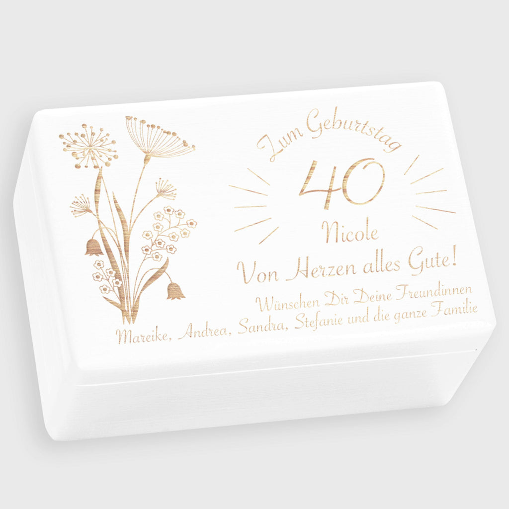 Holzkiste mit Gravur - Personalisiertes Geburtstagsgeschenk - Blumen Motiv - Weiß.
