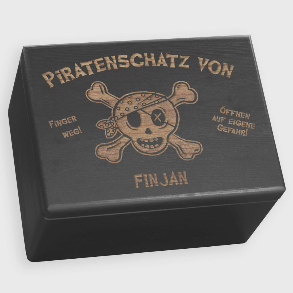Holzkiste mit Gravur - Personalisiert - Piratenschatz Motiv für Kinder - Schwarz.