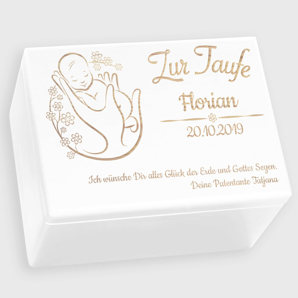 Personalisierte Erinnerungsbox als Taufgeschenk - Blumenbaby - Holzkiste, weiß, FSC® | Erinnerungskiste als Geschenk zur Taufe - Kiste aus Holz.
