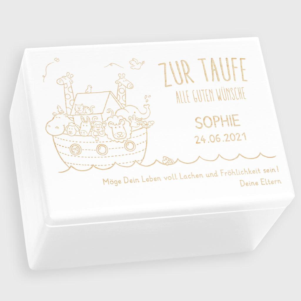 Personalisierte Erinnerungsbox als Taufgeschenk - Arche Noah Gravur - Weiß, FSC® | Erinnerungskiste als Geschenk zur Taufe für Junge & Mädchen.
