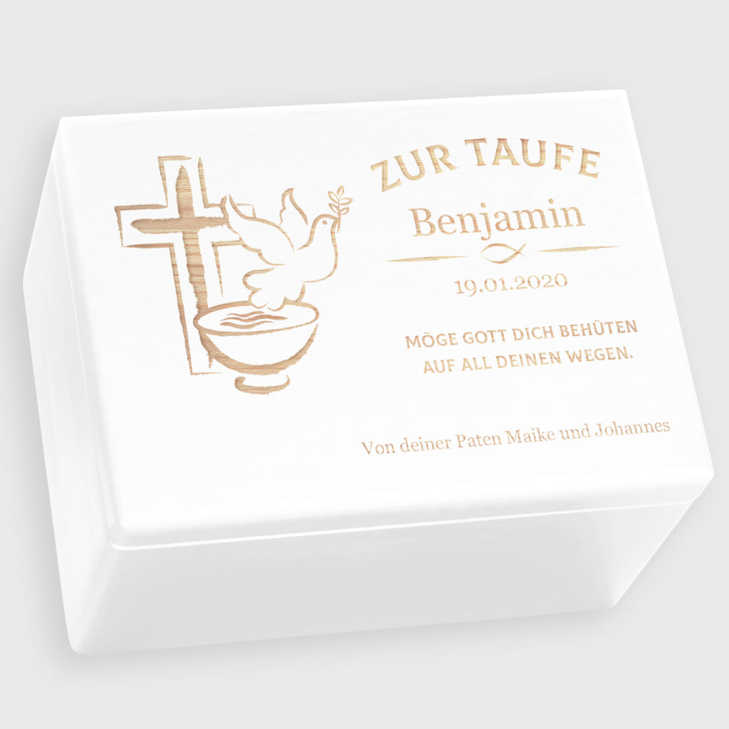 Personalisierte Erinnerungsbox als Taufgeschenk - Friedenstaube - Weiß, FSC® | Erinnerungskiste Geschenk zur Taufe für Baby von Großeltern & Paten.