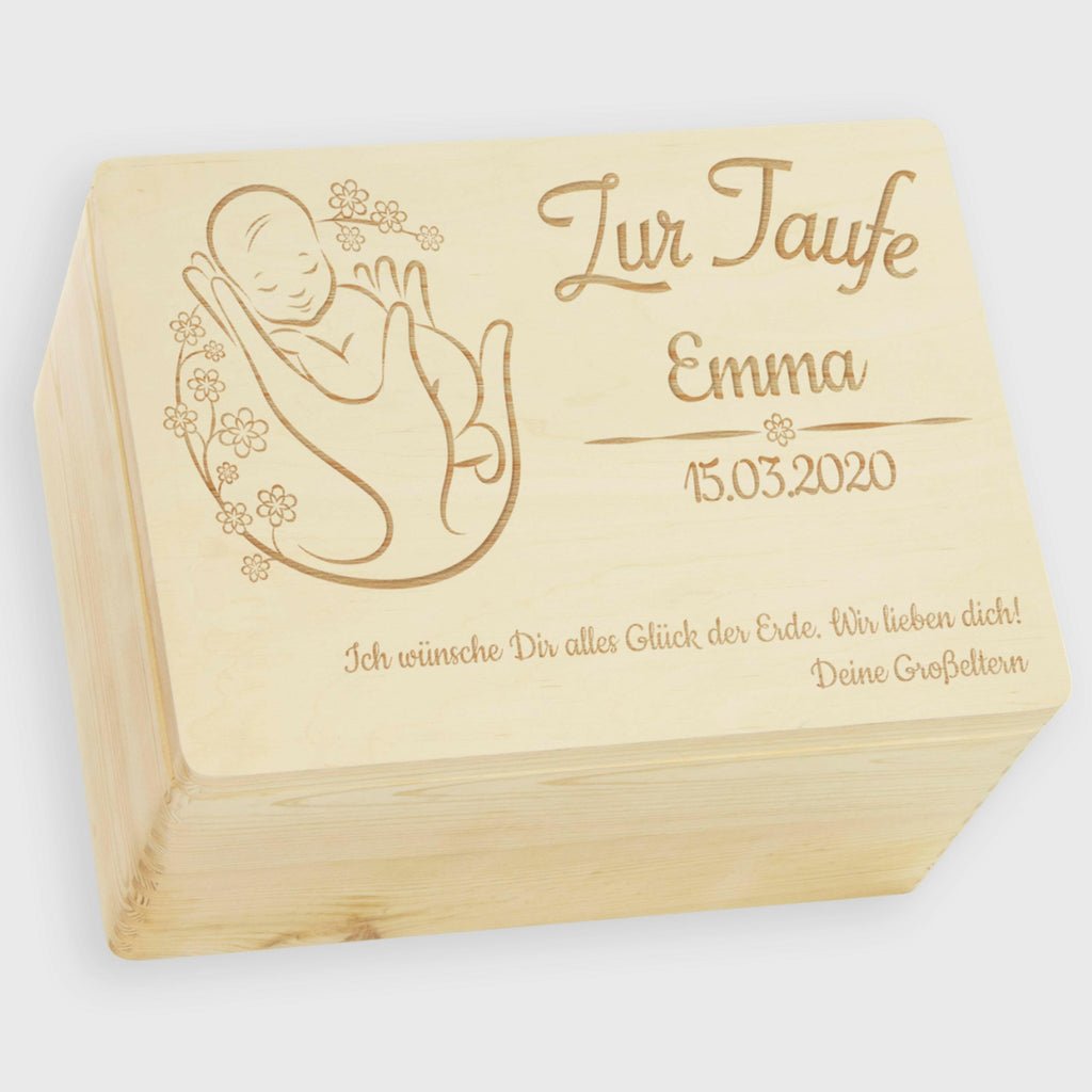Personalisierte Erinnerungsbox als Taufgeschenk - Blumenbaby - Holzkiste, Natur, FSC® | Erinnerungskiste als Geschenk zur Taufe - Kiste aus Holz.