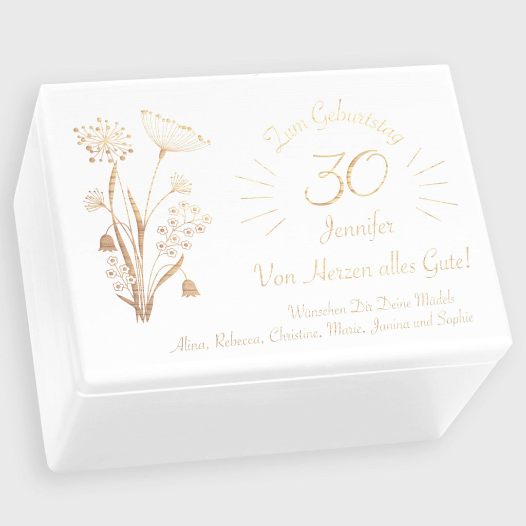 Holzkiste mit Gravur - Personalisiertes Geburtstagsgeschenk - Blumen Motiv - Weiß.