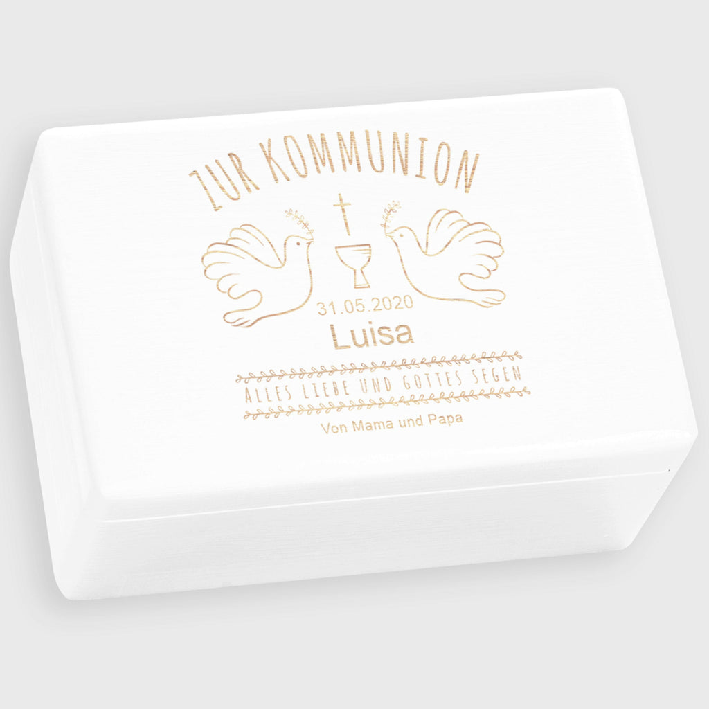Erinnerungskiste zur Kommunion - Personalisiert - Tauben Motiv - Weiß.