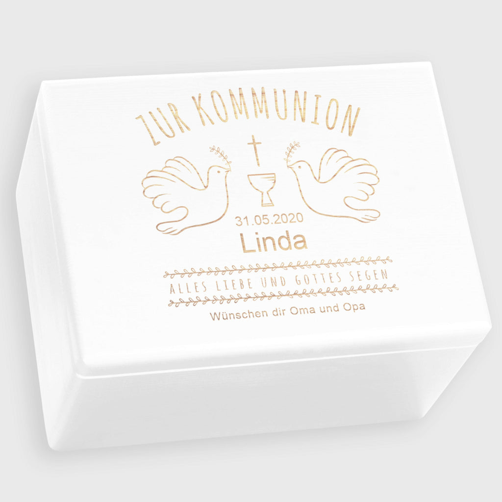 Erinnerungskiste zur Kommunion - Personalisiert - Tauben Motiv - Weiß.