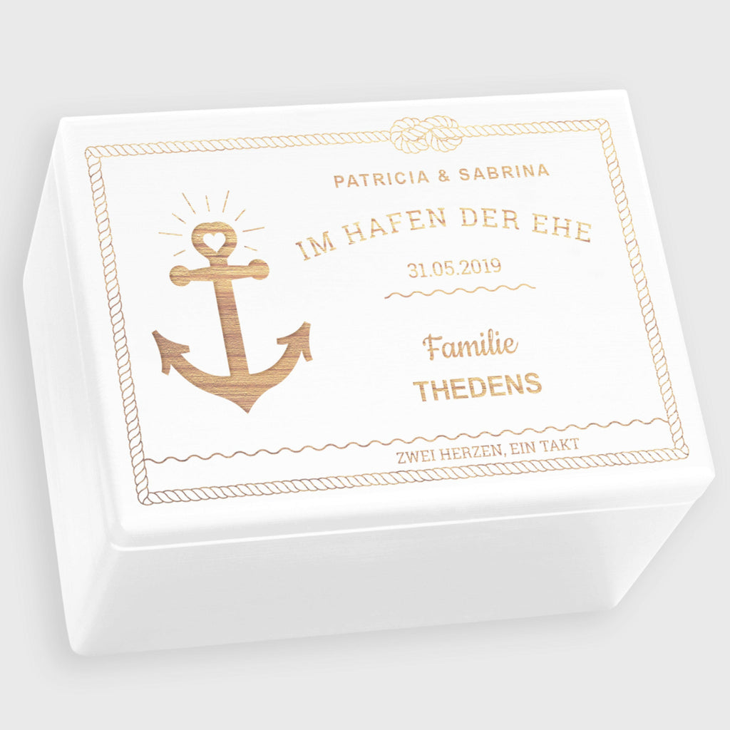 Erinnerungsbox zur Hochzeit - Hafen der Ehe - Hochzeitskiste personalisiert mit Gravur - Holzkiste Weiß, FSC®️ | Erinnerungskiste Holzbox Erinnerung.