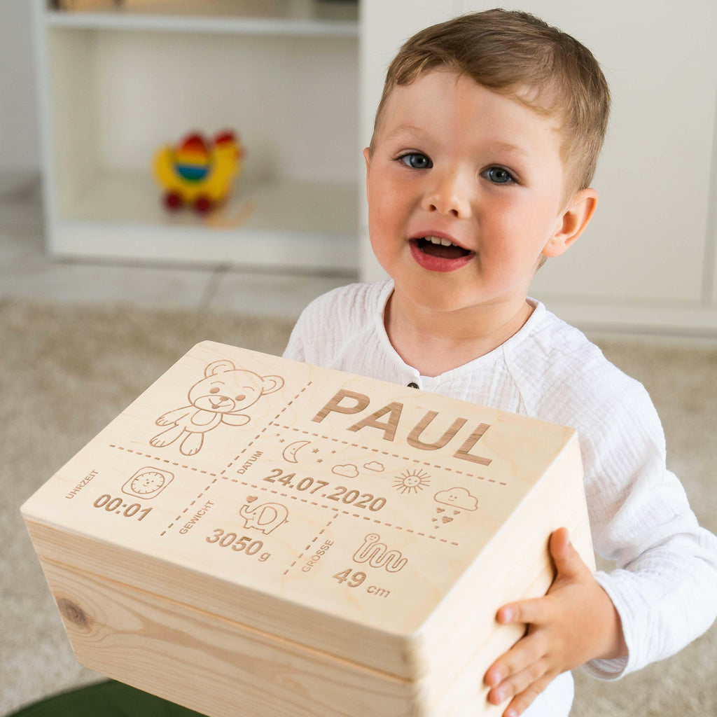 Erinnerungsbox für Baby - Teddybär - Holzkiste zur Geburt - Natur, FSC®️ | Personalisierte Erinnerungskiste als Geschenk, Babykiste - S | M | L | XL.