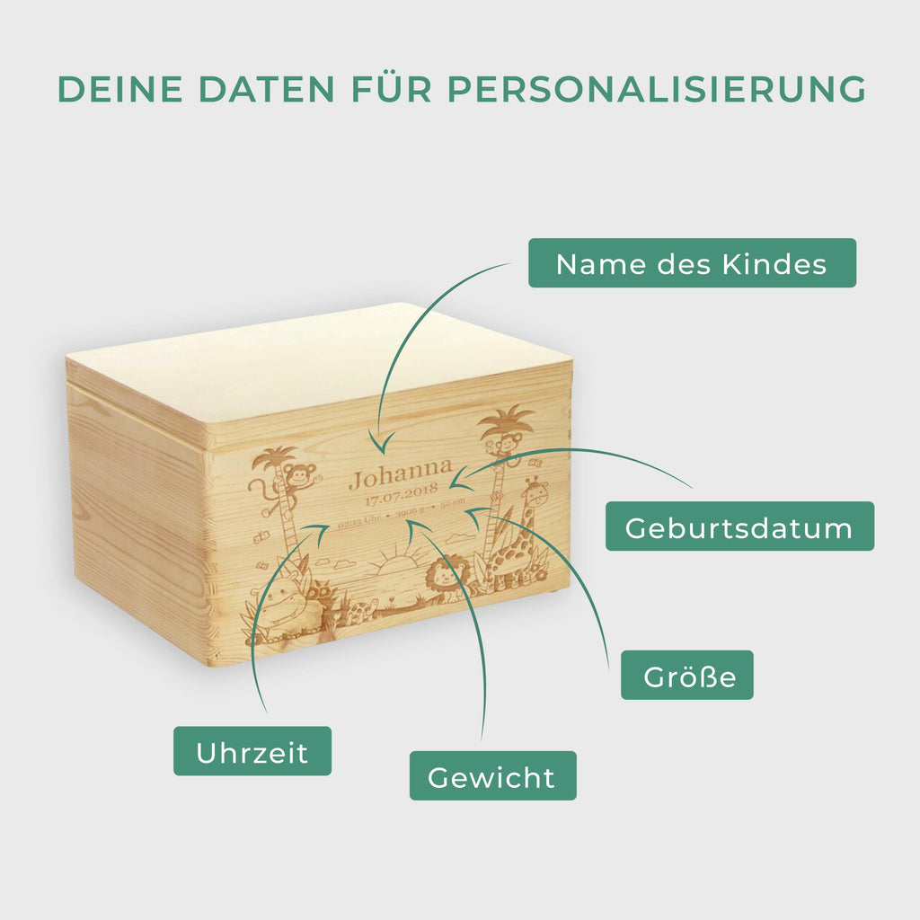 Holzkiste zur Geburt - Personalisiert - Dschungel Front-Motiv - Größe XL - FSC®.