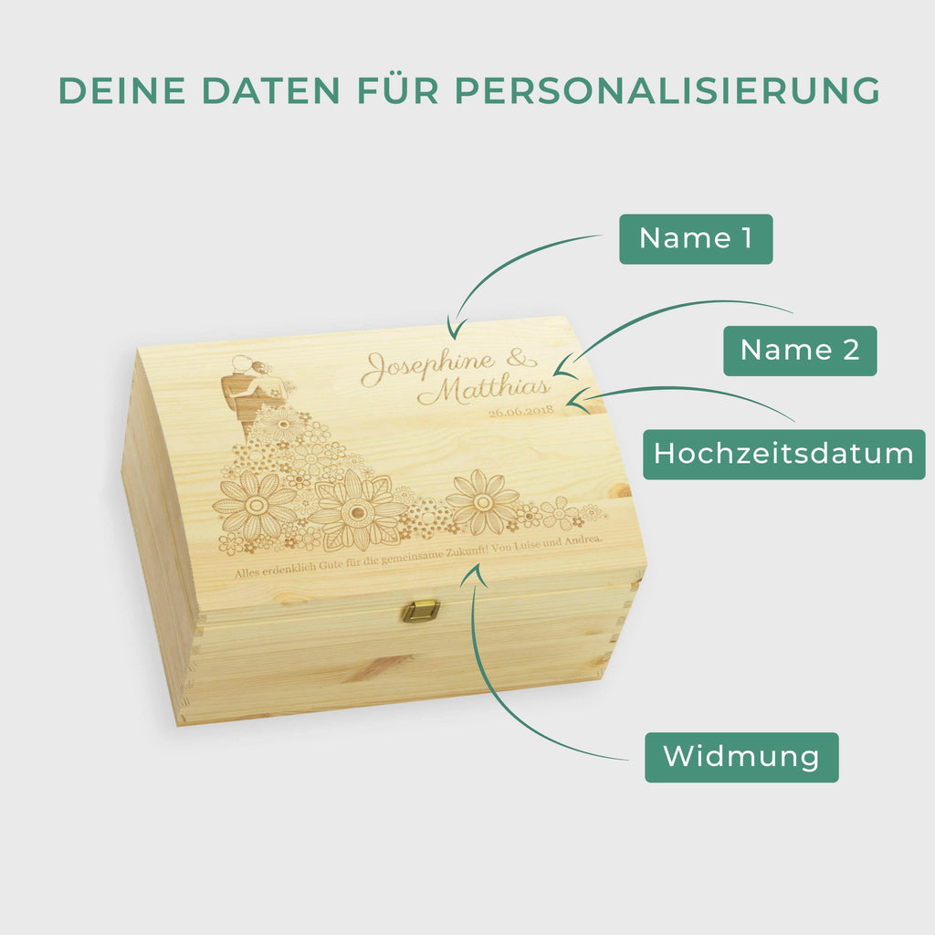 Holztruhe zur Hochzeit - Personalisiert - Blumenkleid Motiv - Größe L.