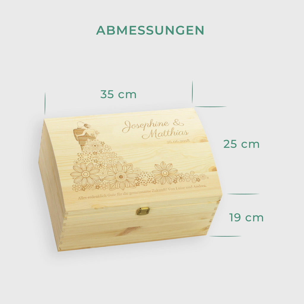 Holztruhe zur Hochzeit - Personalisiert - Blumenkleid Motiv - Größe L.