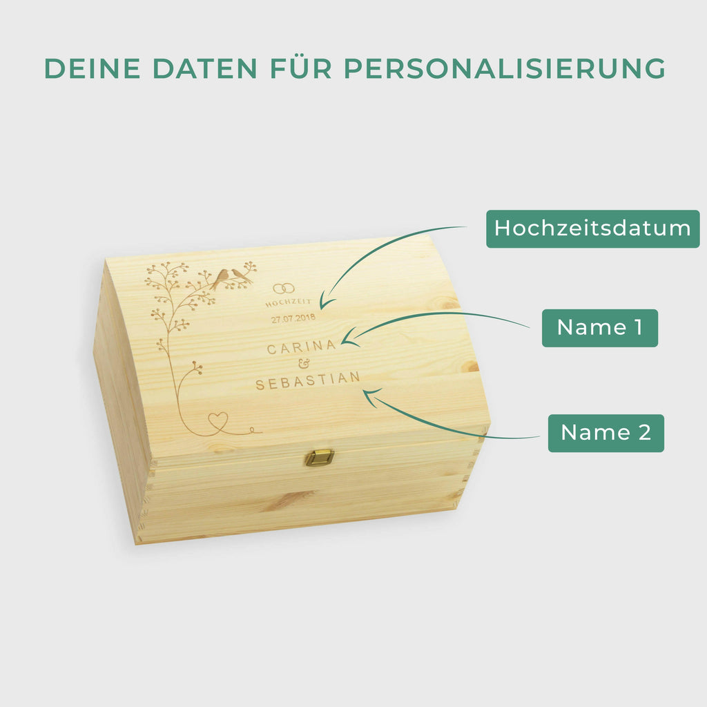 Holztruhe zur Hochzeit - Personalisiert - Schnäbelnde Vögel Motiv - Größe L.