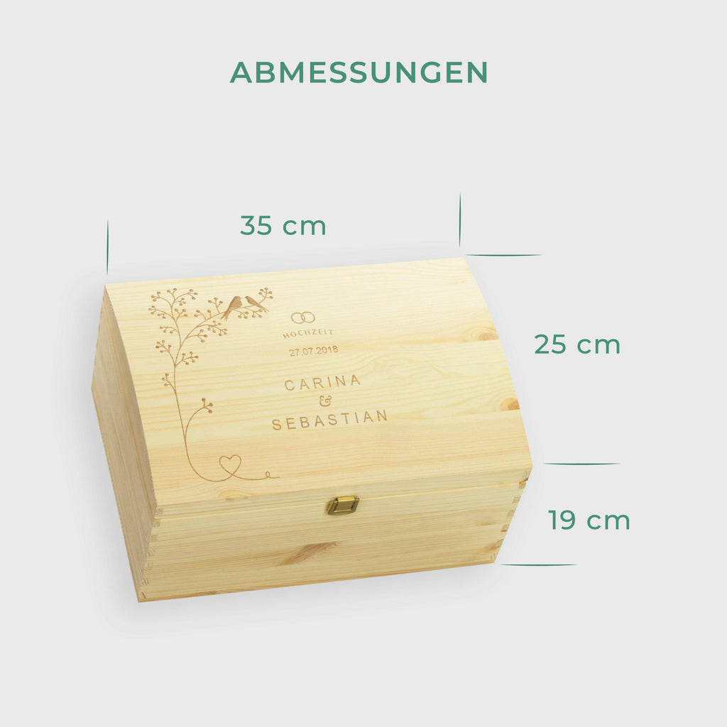 Holztruhe zur Hochzeit - Personalisiert - Schnäbelnde Vögel Motiv - Größe L.