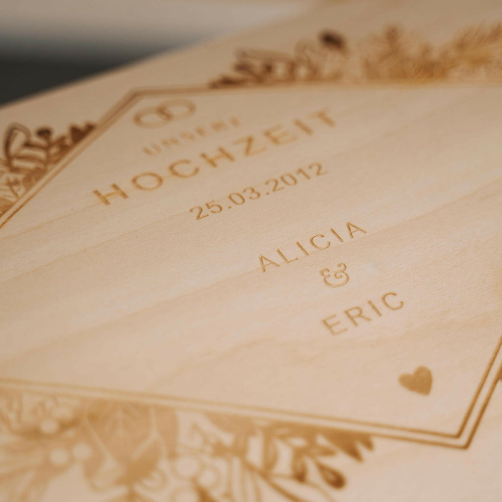 Holztruhe zur Hochzeit - Personalisiert - Florale Raute Motiv - Größe L.