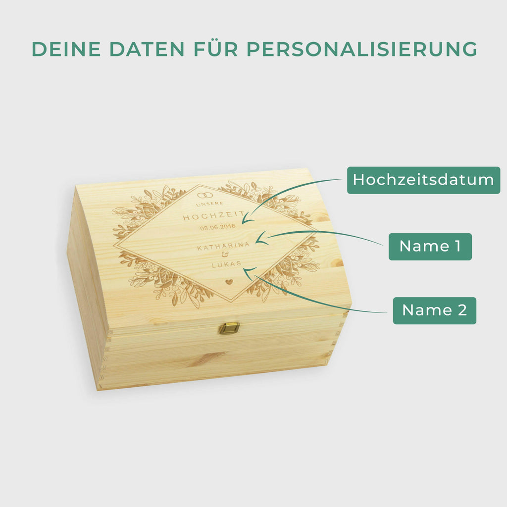 Holztruhe zur Hochzeit - Personalisiert - Florale Raute Motiv - Größe L.