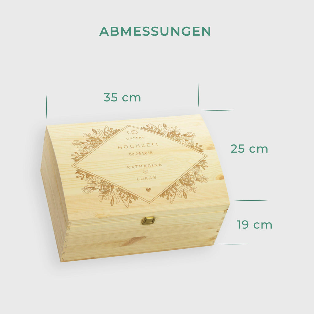 Holztruhe zur Hochzeit - Personalisiert - Florale Raute Motiv - Größe L.