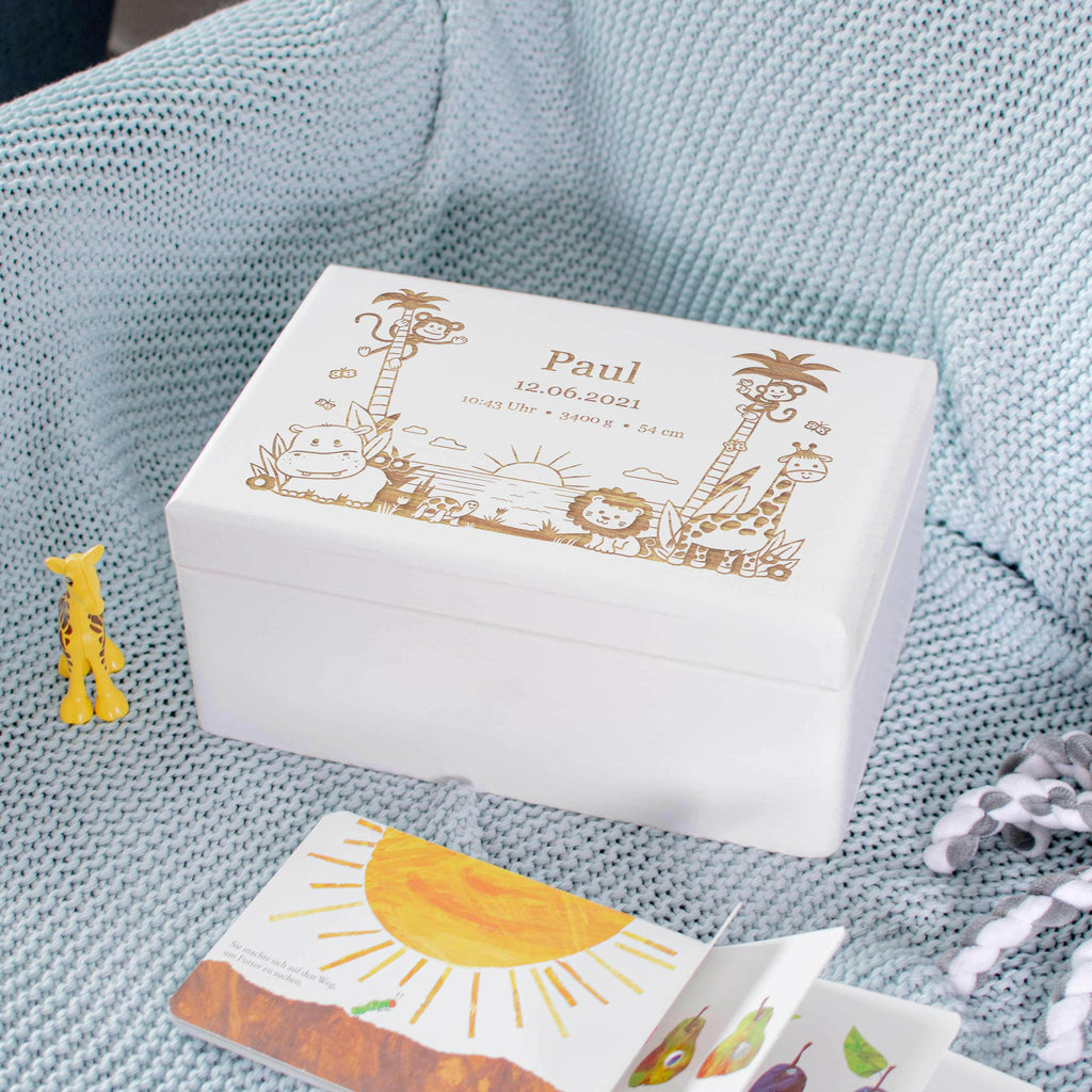 Personalisierte Box für Baby - Dschungel - Kinder Erinnerungskiste - Holzkiste Weiß, FSC® | Erinnerungsbox aus Holz - Babybox mit Gravur M | L | XL.