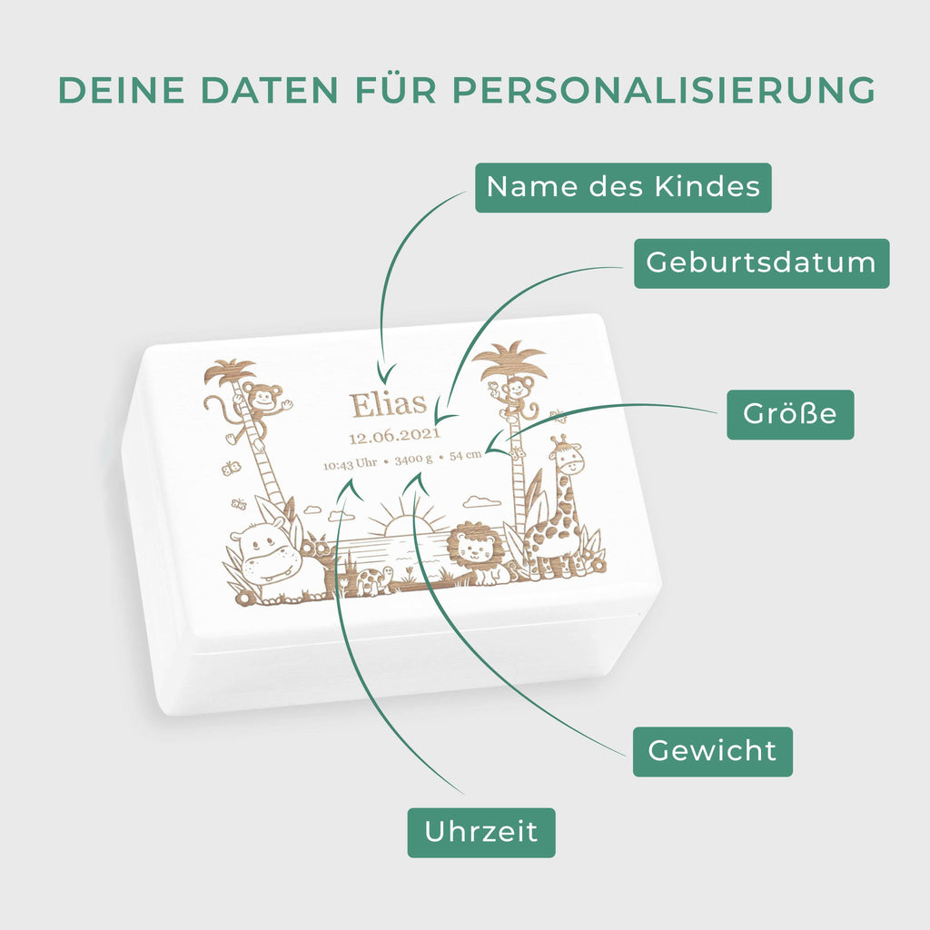 Personalisierte Box für Baby - Dschungel - Kinder Erinnerungskiste - Holzkiste Weiß, FSC® | Erinnerungsbox aus Holz - Babybox mit Gravur M | L | XL.