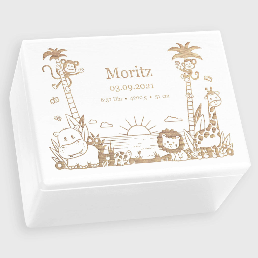Personalisierte Box für Baby - Dschungel - Kinder Erinnerungskiste - Holzkiste Weiß, FSC® | Erinnerungsbox aus Holz - Babybox mit Gravur M | L | XL.