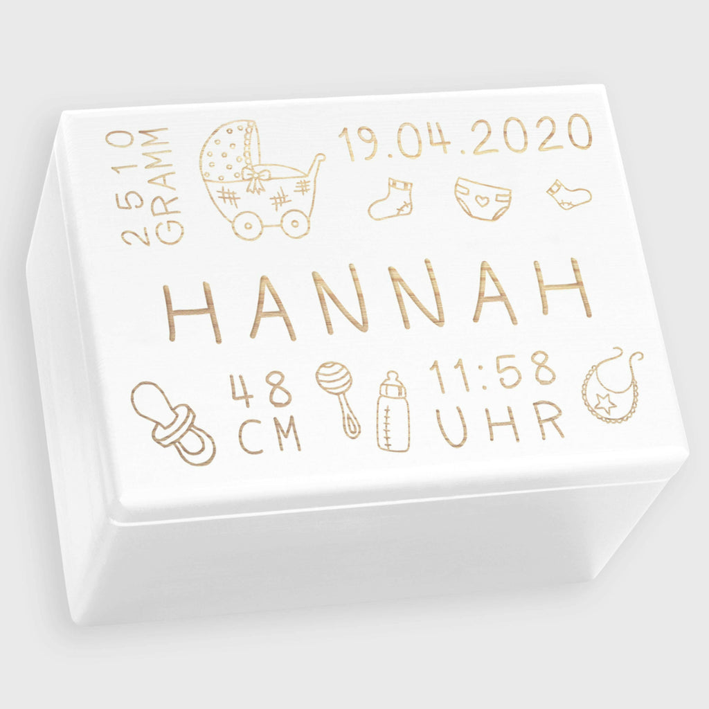 Erinnerungskiste zur Geburt - Personalisiert mit Namen - Rassel Motiv - Weiß.