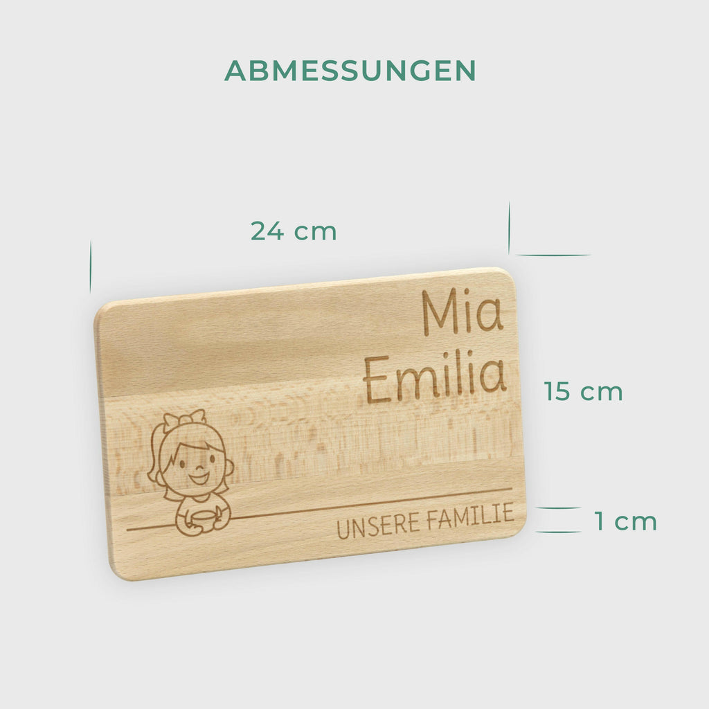 Frühstücksbrettchen für Kinder mit Gravur  - Personalisiert mit Namen - Kleine Tochter "Unsere Familie" | Holz Brettchen, natur - Geschenk von Eltern.