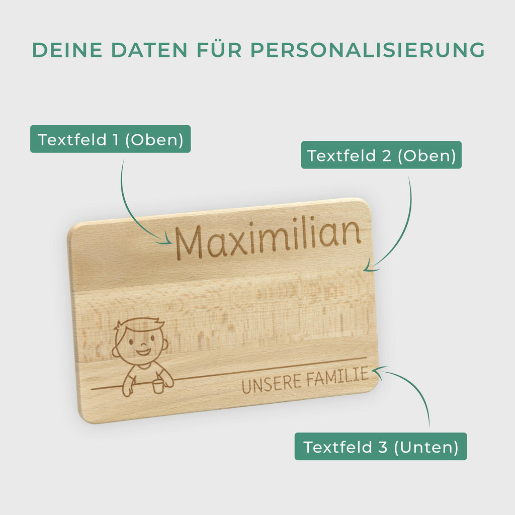 Frühstücksbrettchen für Kinder mit Gravur  - Personalisiert mit Namen - Kleiner Sohn "Unsere Familie" | Holz Brettchen, natur - Geschenk von Eltern.