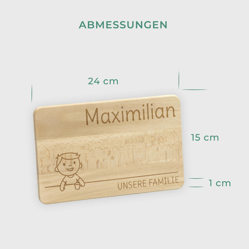 Frühstücksbrettchen für Kinder mit Gravur  - Personalisiert mit Namen - Kleiner Sohn "Unsere Familie" | Holz Brettchen, natur - Geschenk von Eltern.