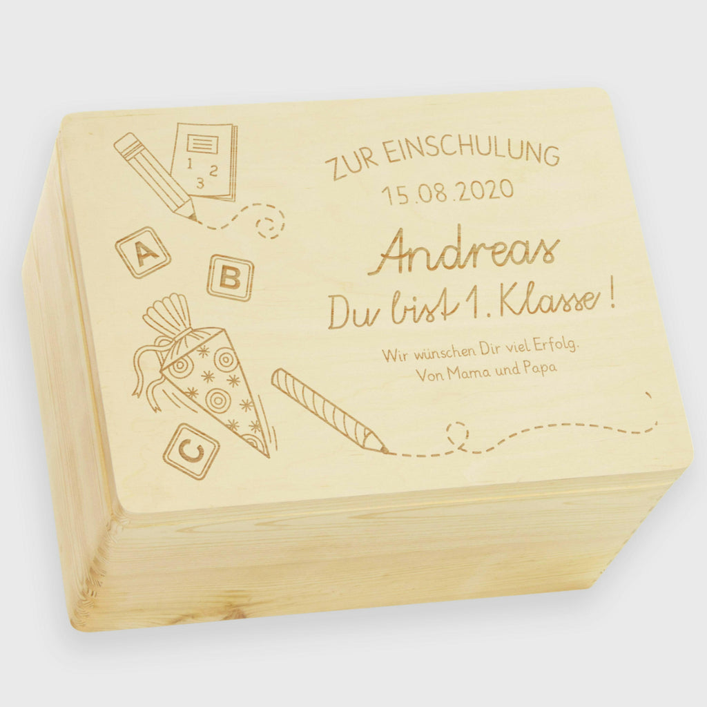 Erinnerungskiste - Schultüte mit Name & Datum - Erinnerungsbox Natur FSC® | Geschenk zur Einschulung, Schulanfang & Schulstart für Jungen & Mädchen.