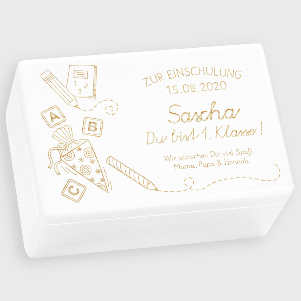 Erinnerungskiste - Schultüte mit Name & Datum - Erinnerungsbox Weiß FSC® | Geschenk zur Einschulung, Schulanfang & Schulstart für Jungen & Mädchen.