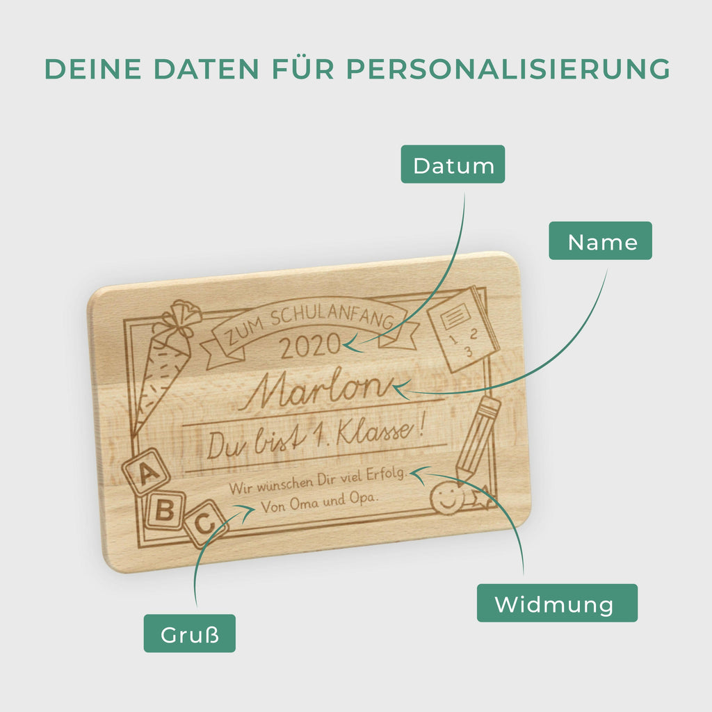 Frühstücksbrettchen für Kinder mit Gravur  - Personalisiert mit Namen - Erste Klasse  | Holz Brettchen, natur - Geschenk zur Einschulung Erstklässler.