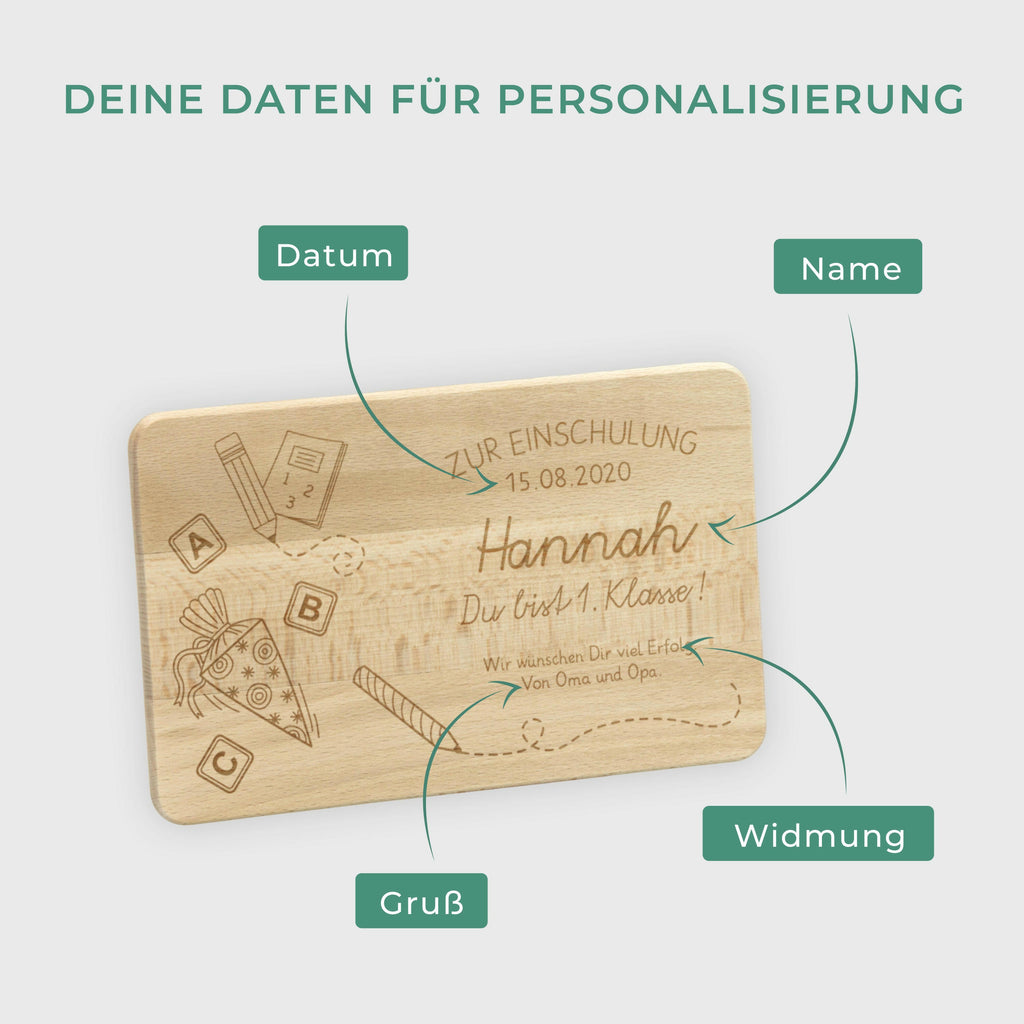 Frühstücksbrettchen für Kinder mit Gravur  - Personalisiert mit Namen - Schultüte  | Holz Brettchen, natur - Geschenk zur Einschulung Erstklässler.