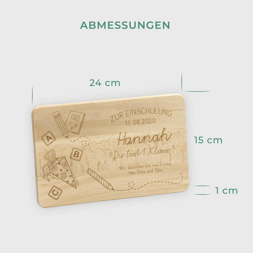 Frühstücksbrettchen für Kinder mit Gravur  - Personalisiert mit Namen - Schultüte  | Holz Brettchen, natur - Geschenk zur Einschulung Erstklässler.