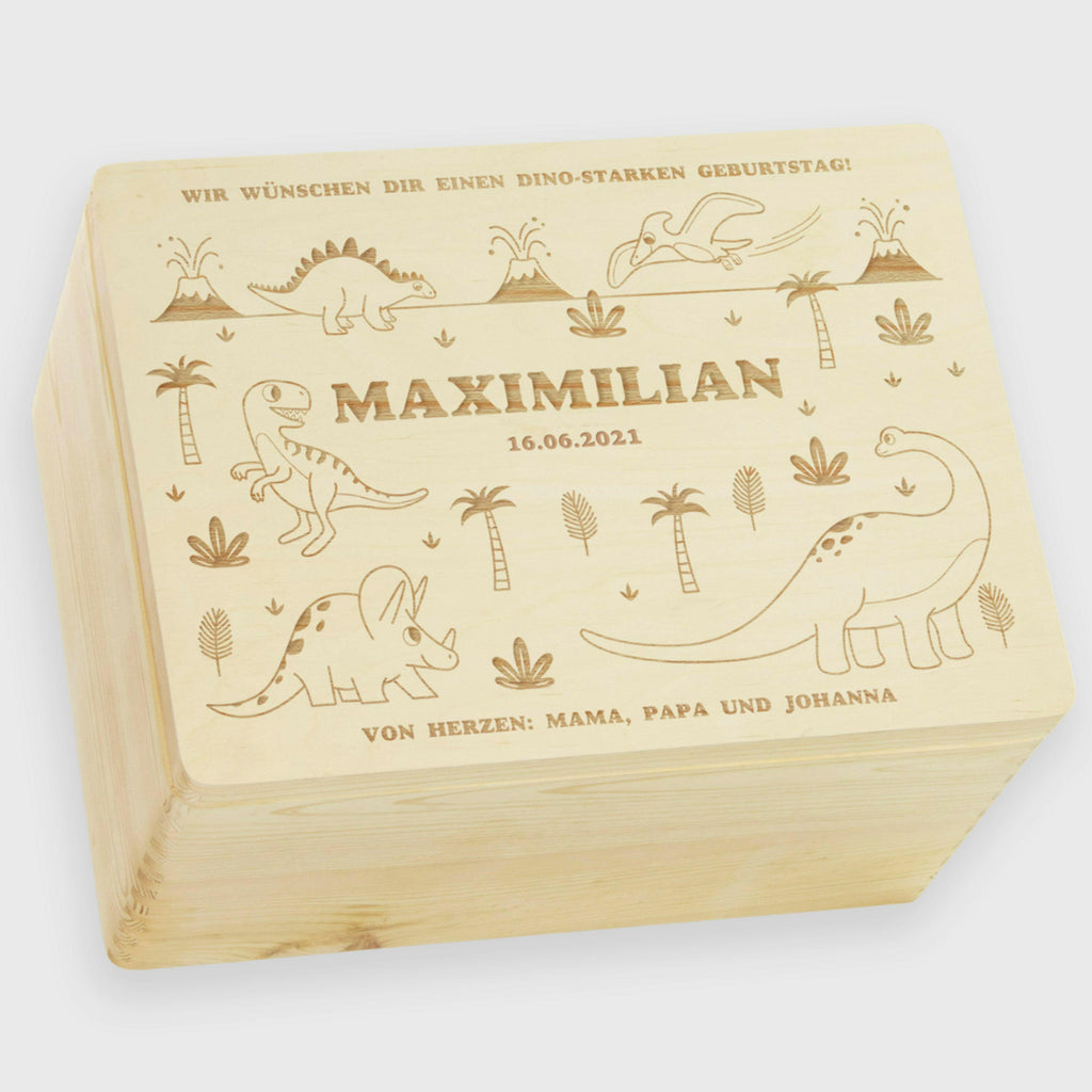 Holzkiste zur Spielzeugaufbewahrung - Personalisiert - Dino Motiv - Natur.
