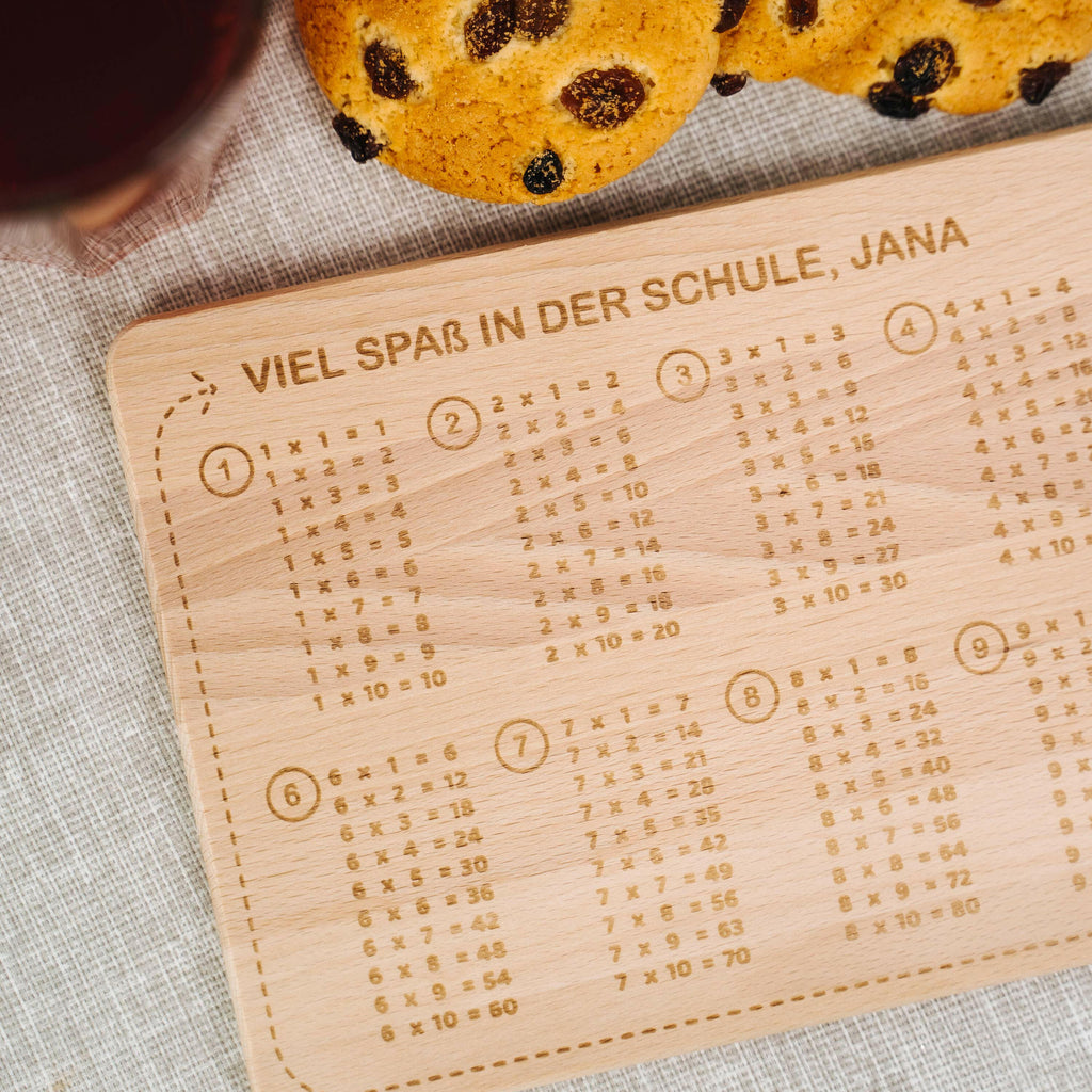 Frühstücksbrettchen für Kinder mit Gravur  - Personalisiert mit Namen - 1x1 Motiv  | Holz Brettchen, natur - Geschenk zur Einschulung Erstklässler.