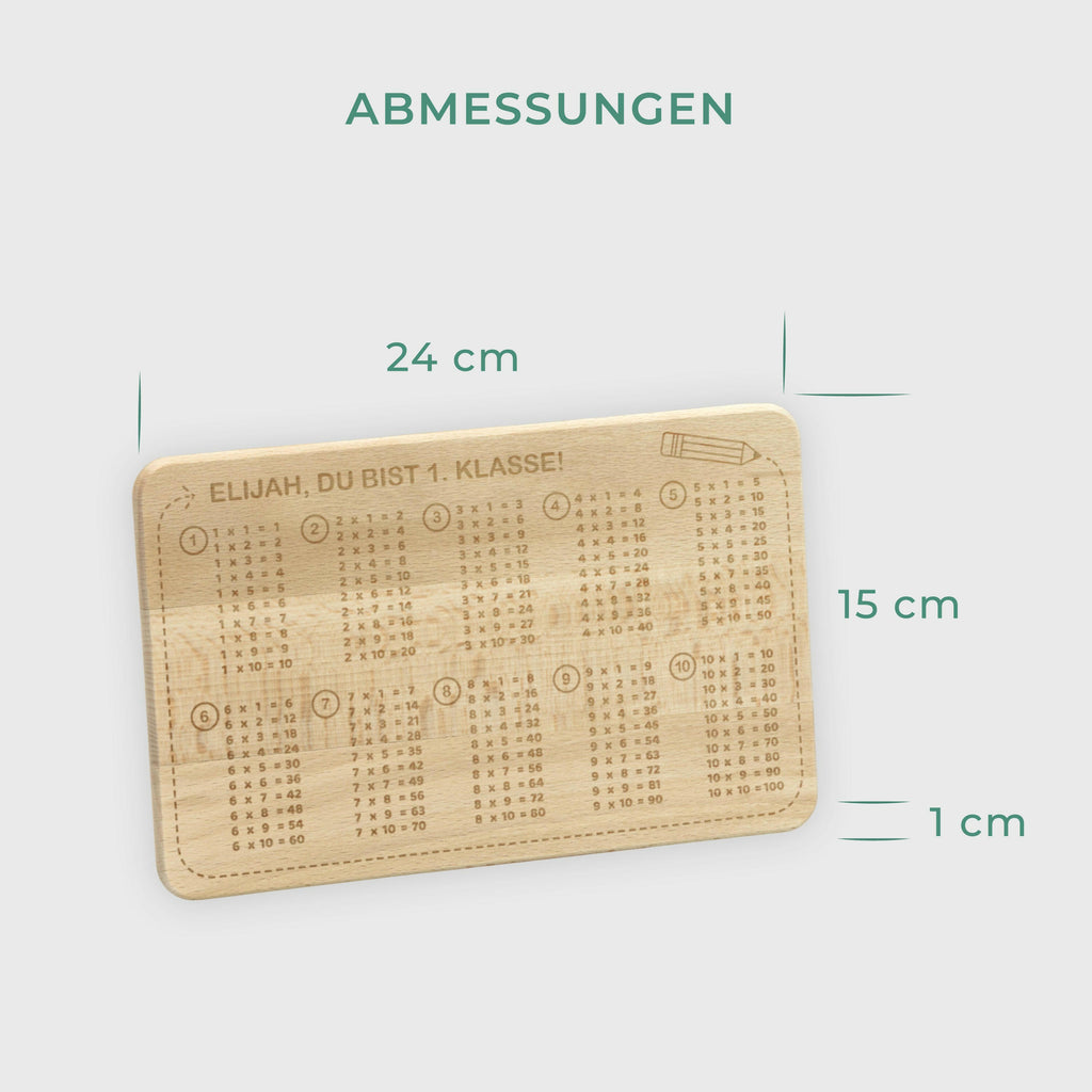 Frühstücksbrettchen für Kinder mit Gravur  - Personalisiert mit Namen - 1x1 Motiv  | Holz Brettchen, natur - Geschenk zur Einschulung Erstklässler.