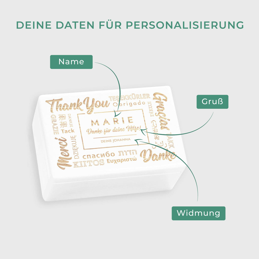 Holzkiste mit Gravur - Personalisiert - Danke Motiv - Weiß.