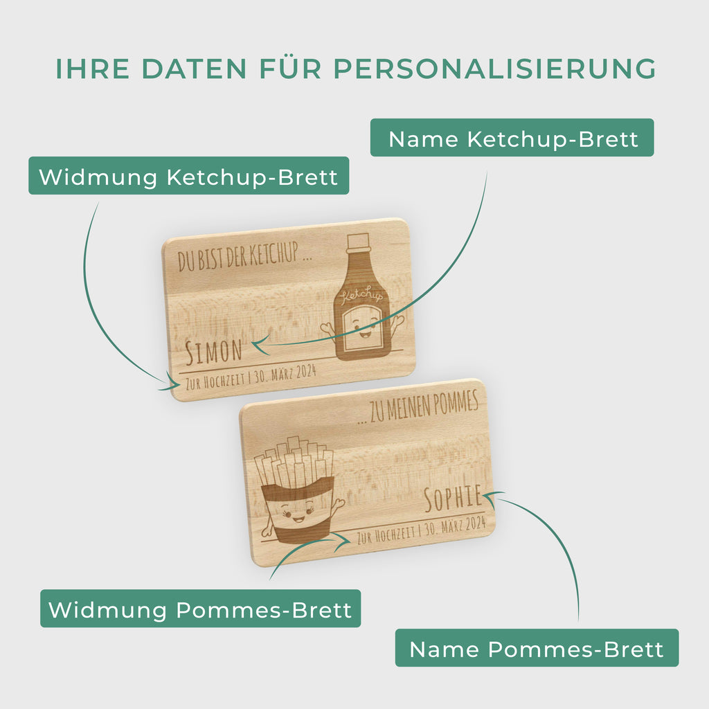 Frühstücksbrettchen mit Gravur Personalisiert - Gravur mit Namen - 2er-Set Pommes & Ketchup | Romantisches  Geschenk für sie und ihn.
