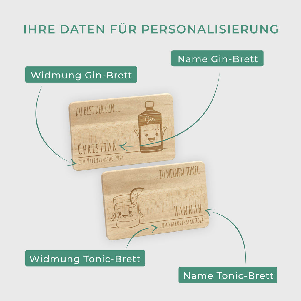 Frühstücksbrettchen mit Gravur Personalisiert - Gravur mit Namen - 2er-Set Gin & Tonic | Romantisches  Geschenk für sie und ihn.