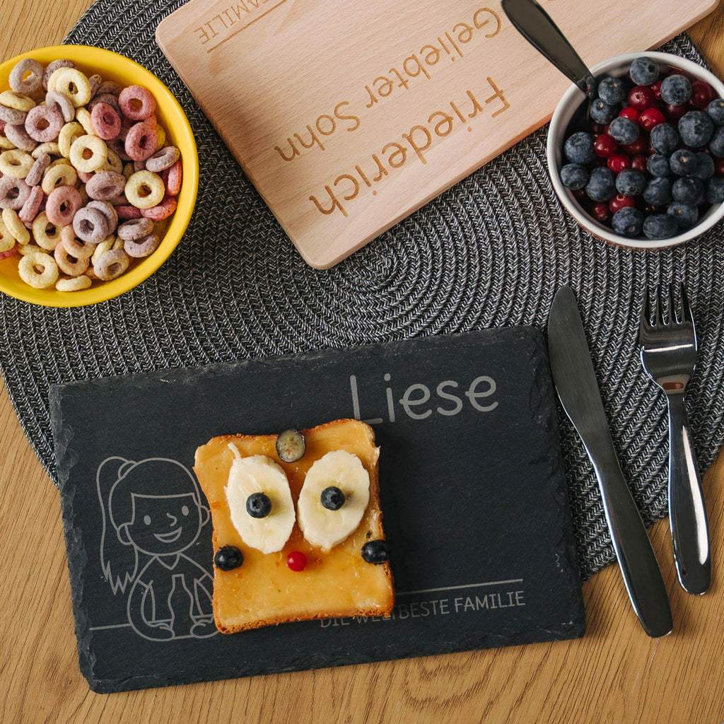 Frühstücksbrettchen für Kinder mit Gravur  - Personalisiert mit Namen - Große Tochter "Unsere Familie" | Schieferstein - Geschenk von Eltern.