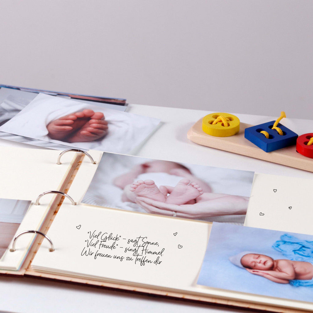 Fotoalbum Baby personalisiert mit Gravur - Gästebuch für Babyparty aus Holz - Teddybär | natur, A4 Format  - Erinnerungsbuch zum Selbstge.