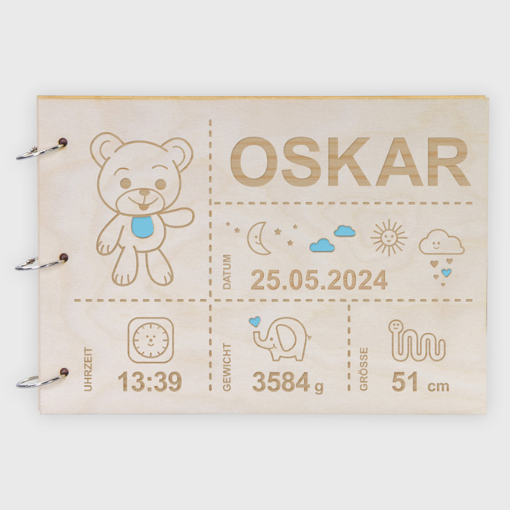 Fotoalbum Baby personalisiert mit Gravur - Gästebuch für Babyparty aus Holz - Teddybär | natur, A4 Format  - Erinnerungsbuch zum Selbstge.