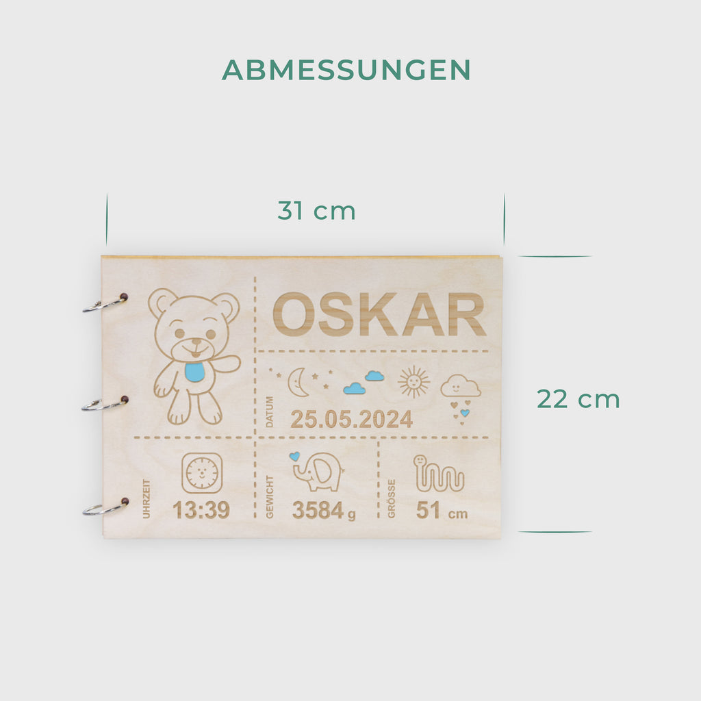Fotoalbum Baby personalisiert mit Gravur - Gästebuch für Babyparty aus Holz - Teddybär | natur, A4 Format  - Erinnerungsbuch zum Selbstge.