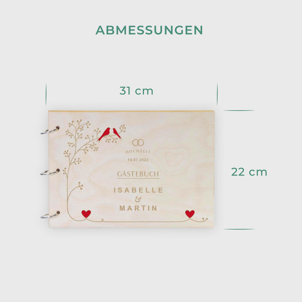 Fotoalbum & Gästebuch aus Holz personalisiert mit Gravur - Vogelpärchen Weiße Seiten | natur, A4 Format - Geschenk zur Hochzeit.